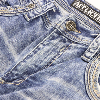 Vintage AFFLICTION Y2K 'Gage' Embroidered Cross Pockets Distressed Blue Jeans (38)