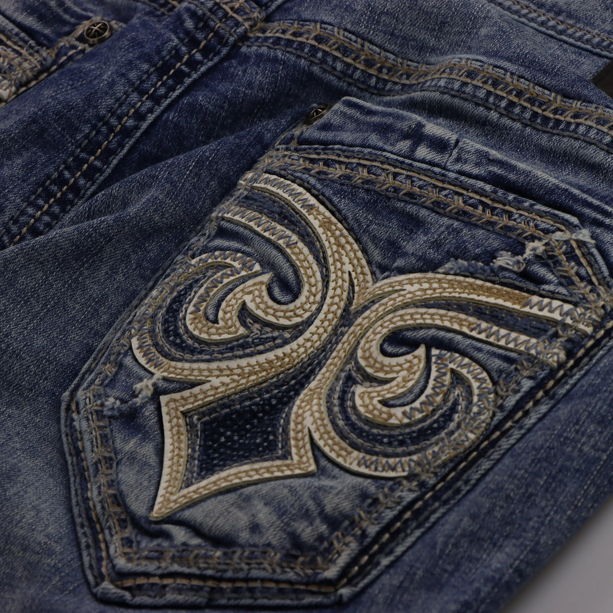 Vintage AFFLICTION Y2K 'Gage' Embroidered Cross Pockets Distressed Blue Jeans (38)
