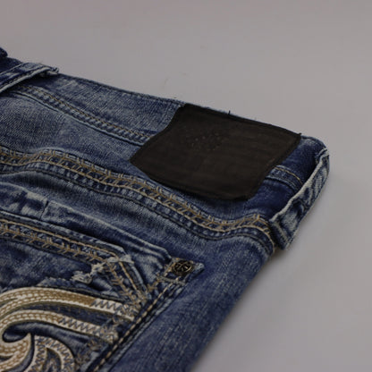 Vintage AFFLICTION Y2K 'Gage' Embroidered Cross Pockets Distressed Blue Jeans (38)