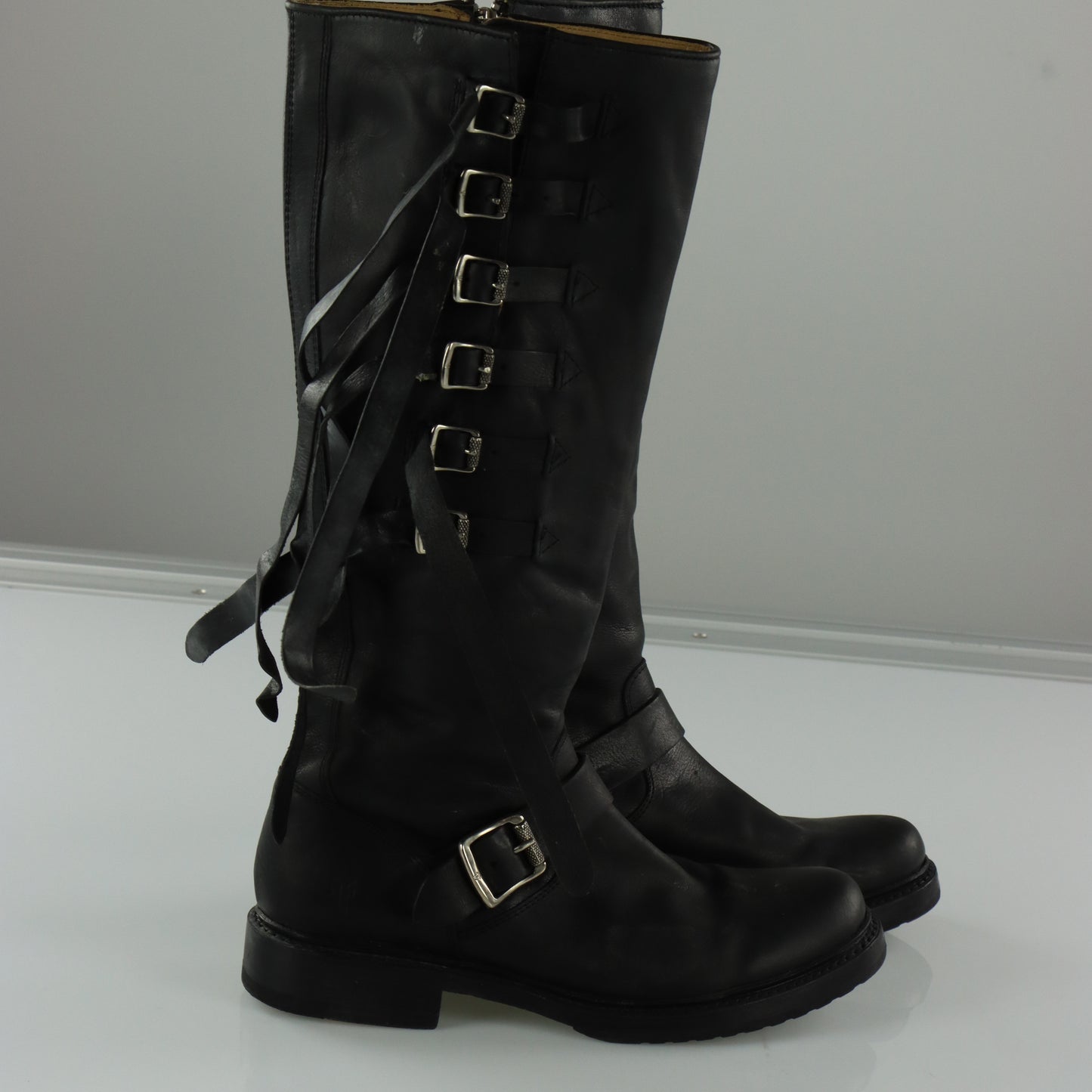 FRYE 'Veronica' Strap Tall Zip Up Black Buckle Boots (8)