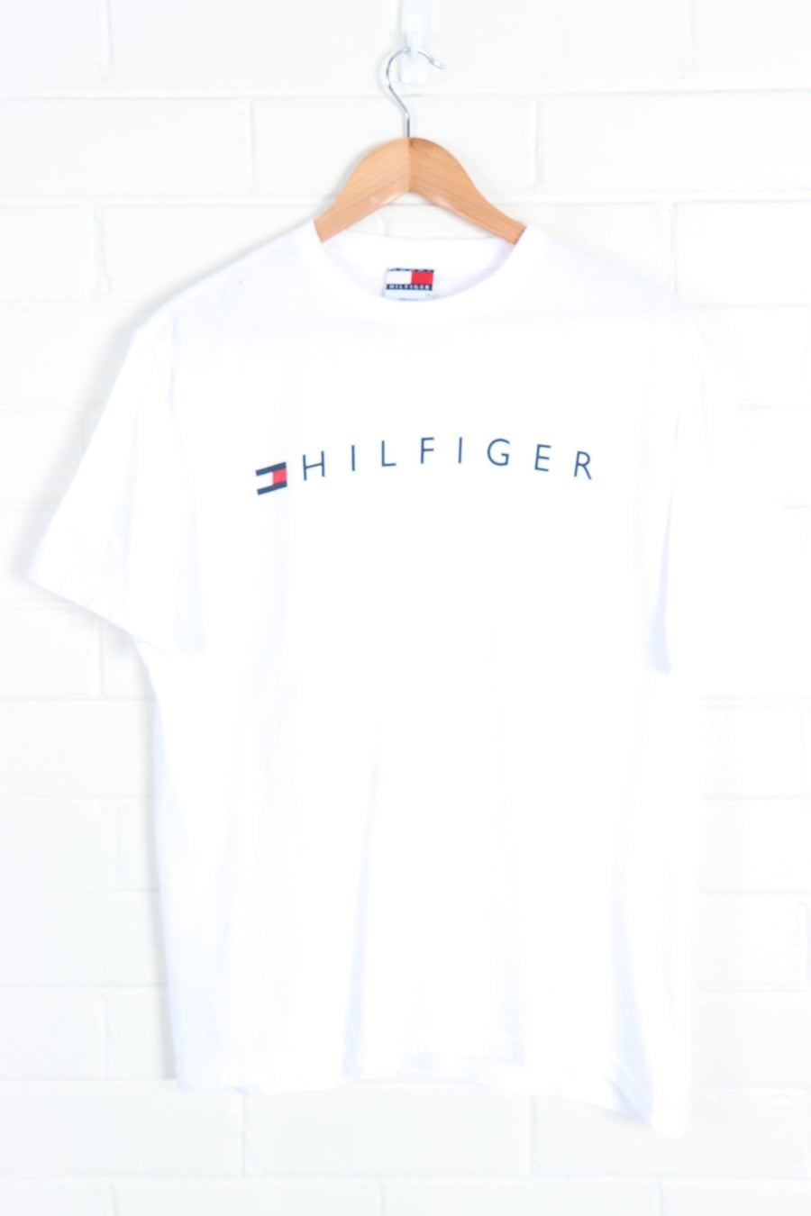 White TOMMY HILFIGER Spell Out Logo Tee USA Made (M)