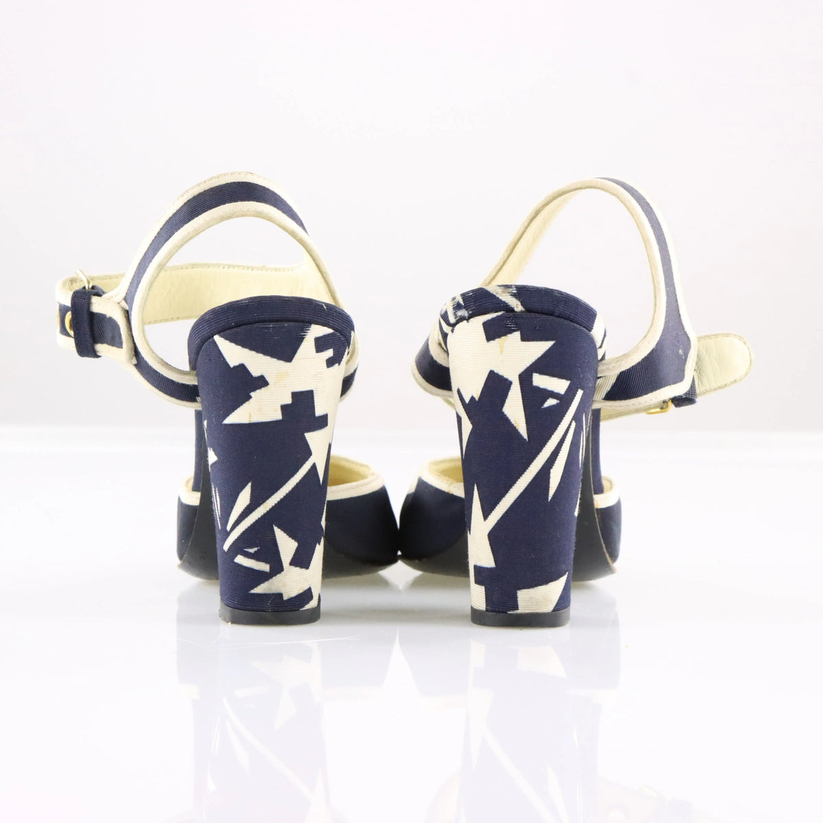Vintage MIU MIU Italian Made Navy Blue & Cream Geometric Block Heels (36.5)