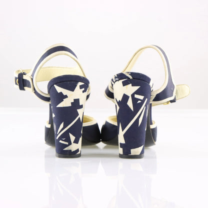 Vintage MIU MIU Italian Made Navy Blue & Cream Geometric Block Heels (36.5)