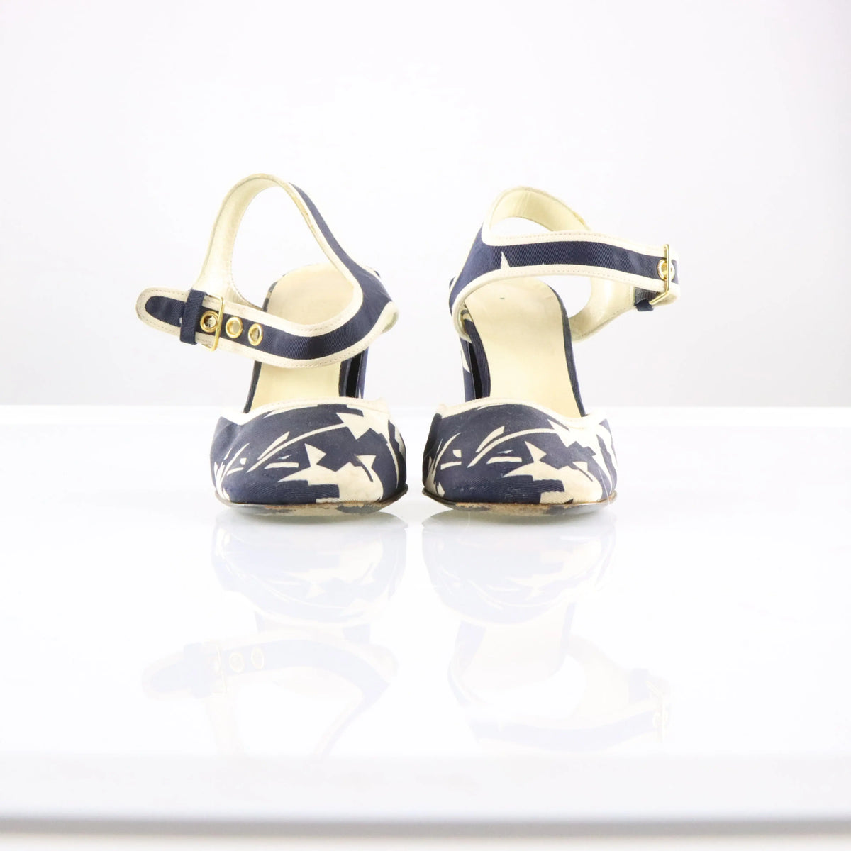 Vintage MIU MIU Italian Made Navy Blue & Cream Geometric Block Heels (36.5)