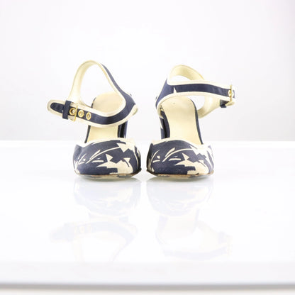 Vintage MIU MIU Italian Made Navy Blue & Cream Geometric Block Heels (36.5)