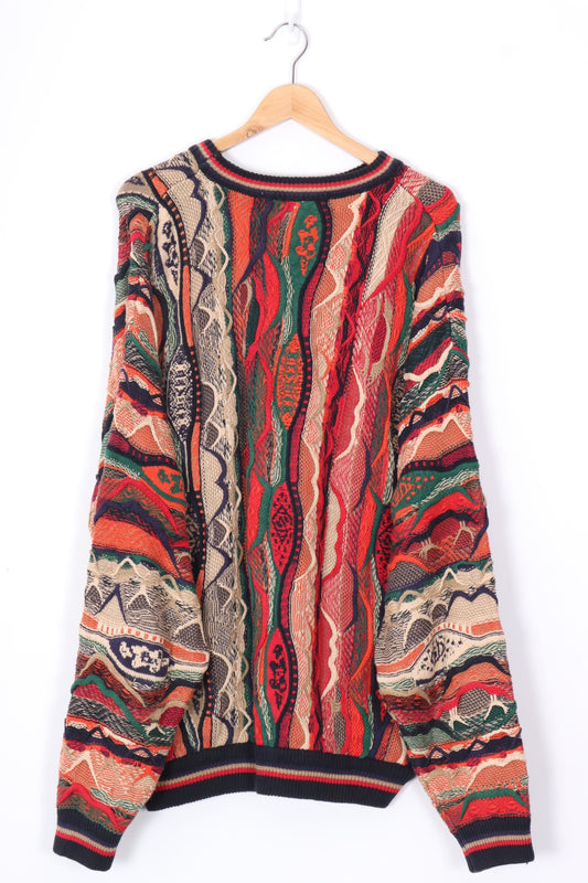COTTON TRADERS Red Orange & Navy Coogi Style Knit (XXL)