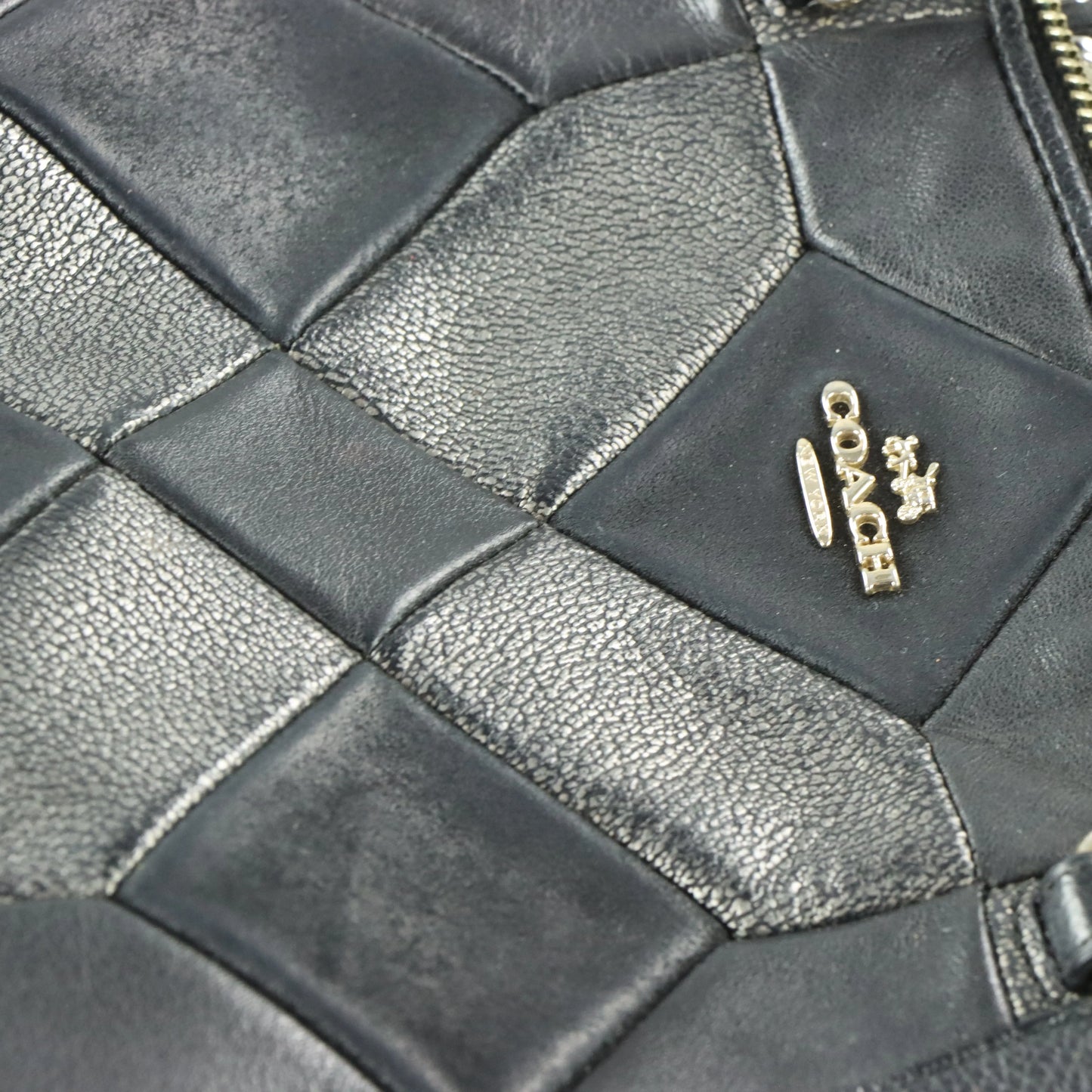 COACH 'Kelsey' Geometric Metallic Suede Black Leather Satchel Bag - Vintage Sole Melbourne