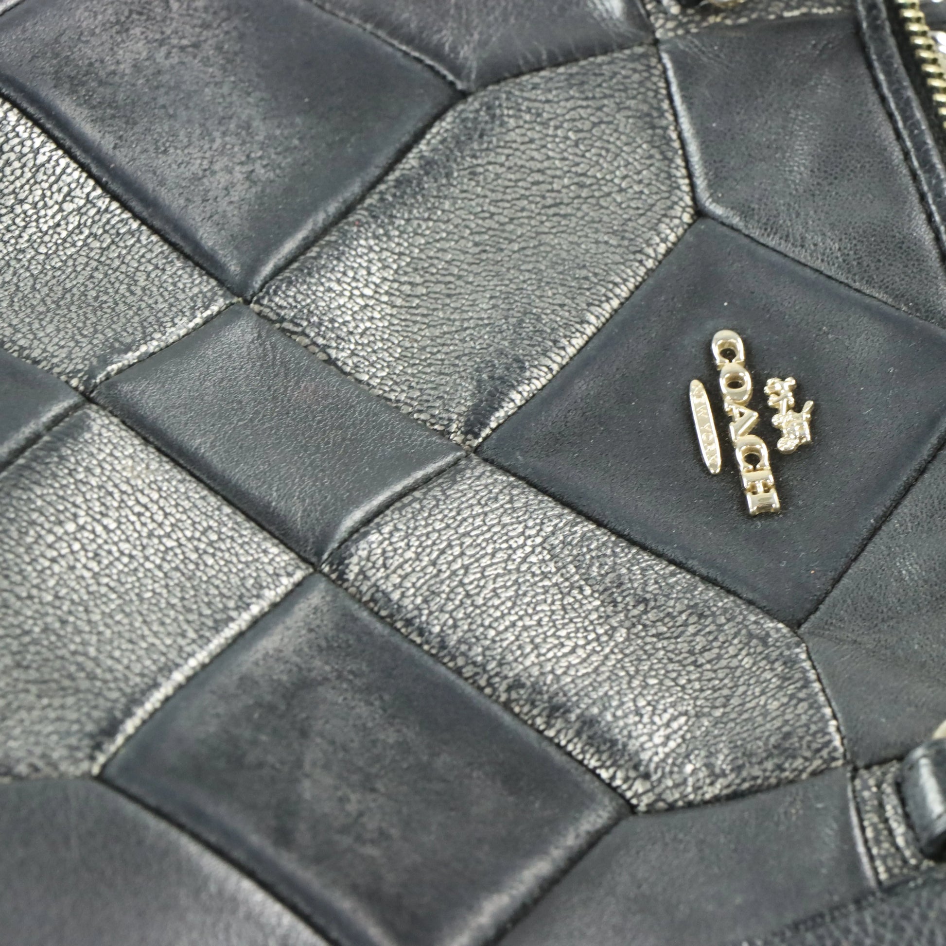 COACH 'Kelsey' Geometric Metallic Suede Black Leather Satchel Bag - Vintage Sole Melbourne