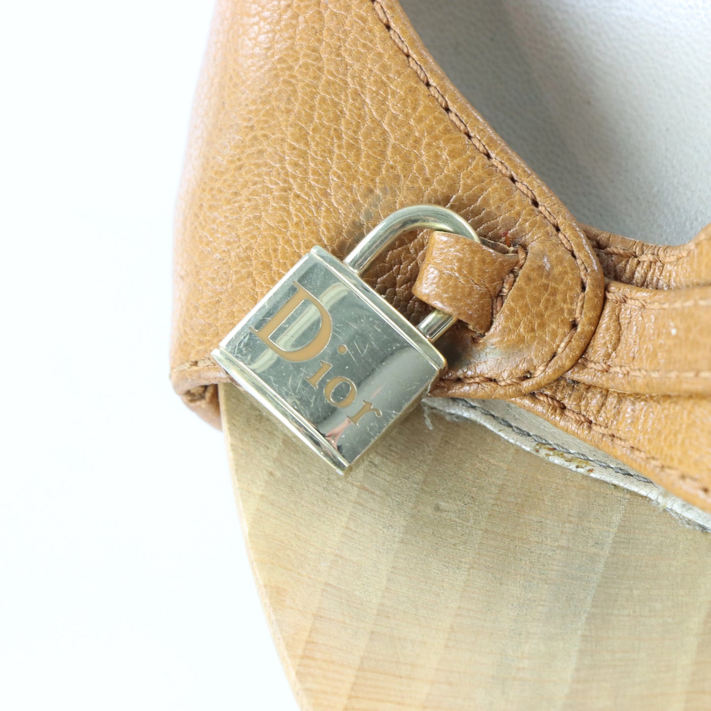 DIOR Gold Locket Studded Wooden Clog Tan Heels (37) - Vintage Sole Melbourne