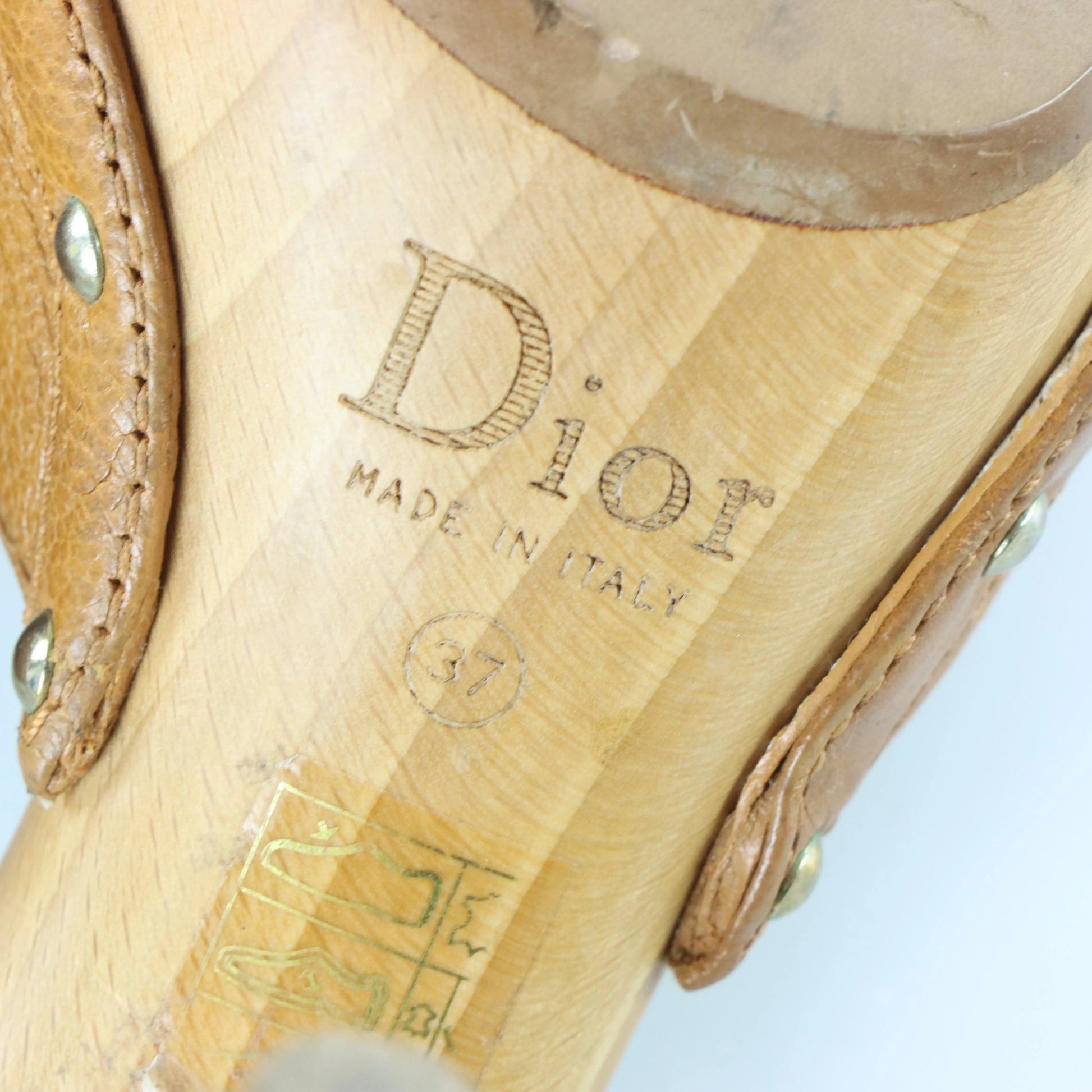DIOR Gold Locket Studded Wooden Clog Tan Heels (37) - Vintage Sole Melbourne
