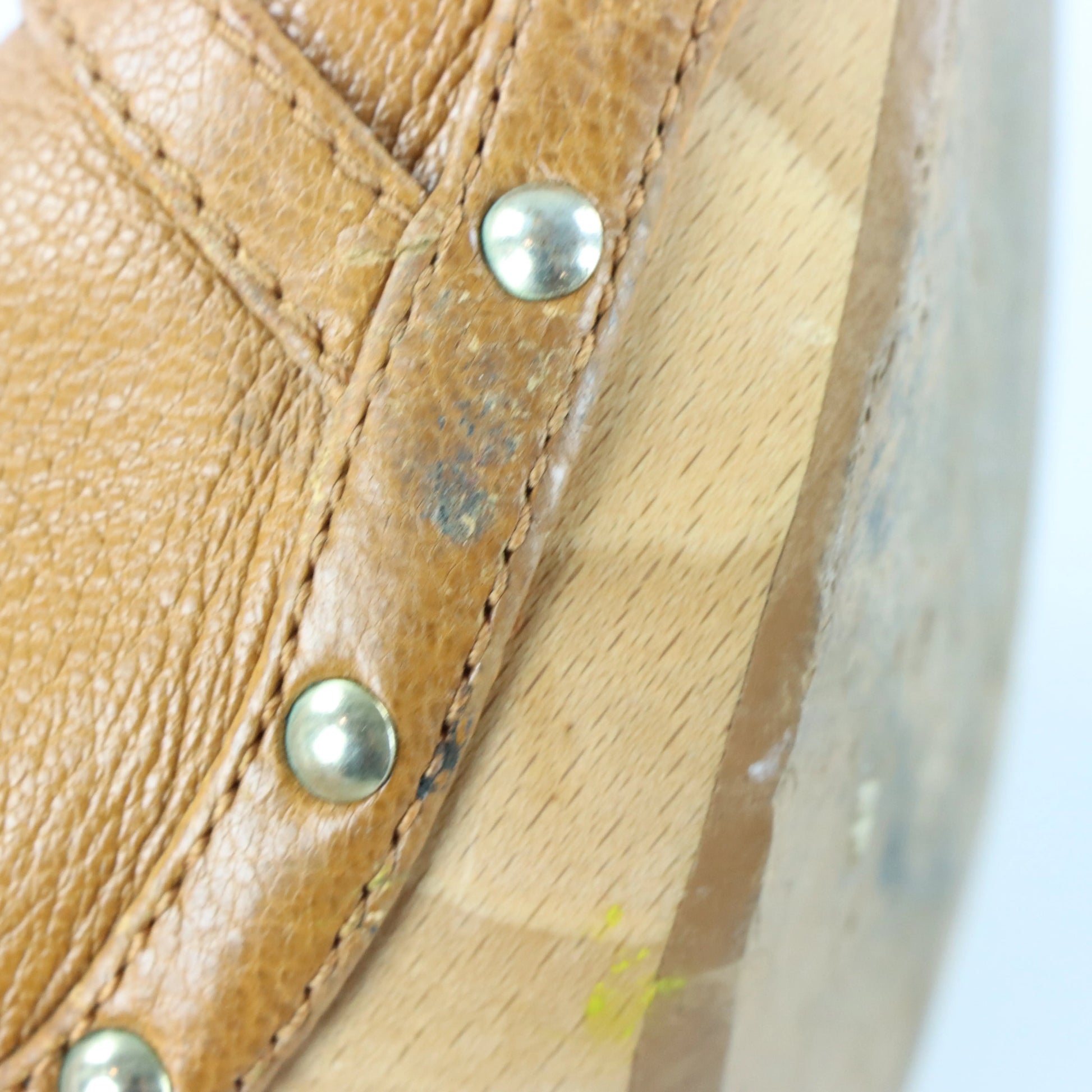 DIOR Gold Locket Studded Wooden Clog Tan Heels (37) - Vintage Sole Melbourne