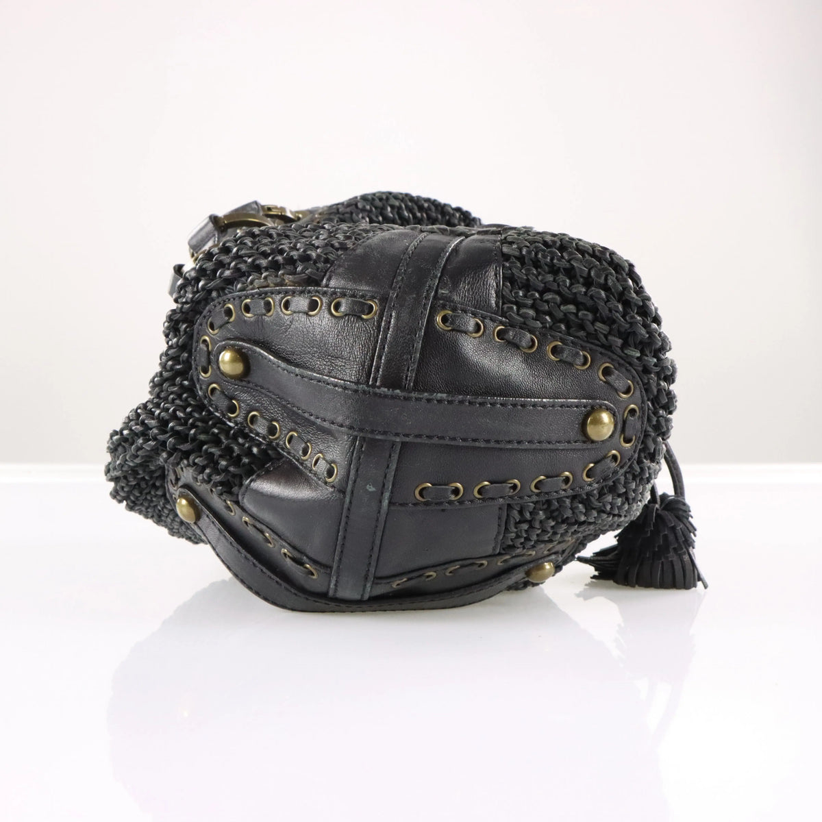ISABELLA FIORE Woven Black Leather Hobo Bag