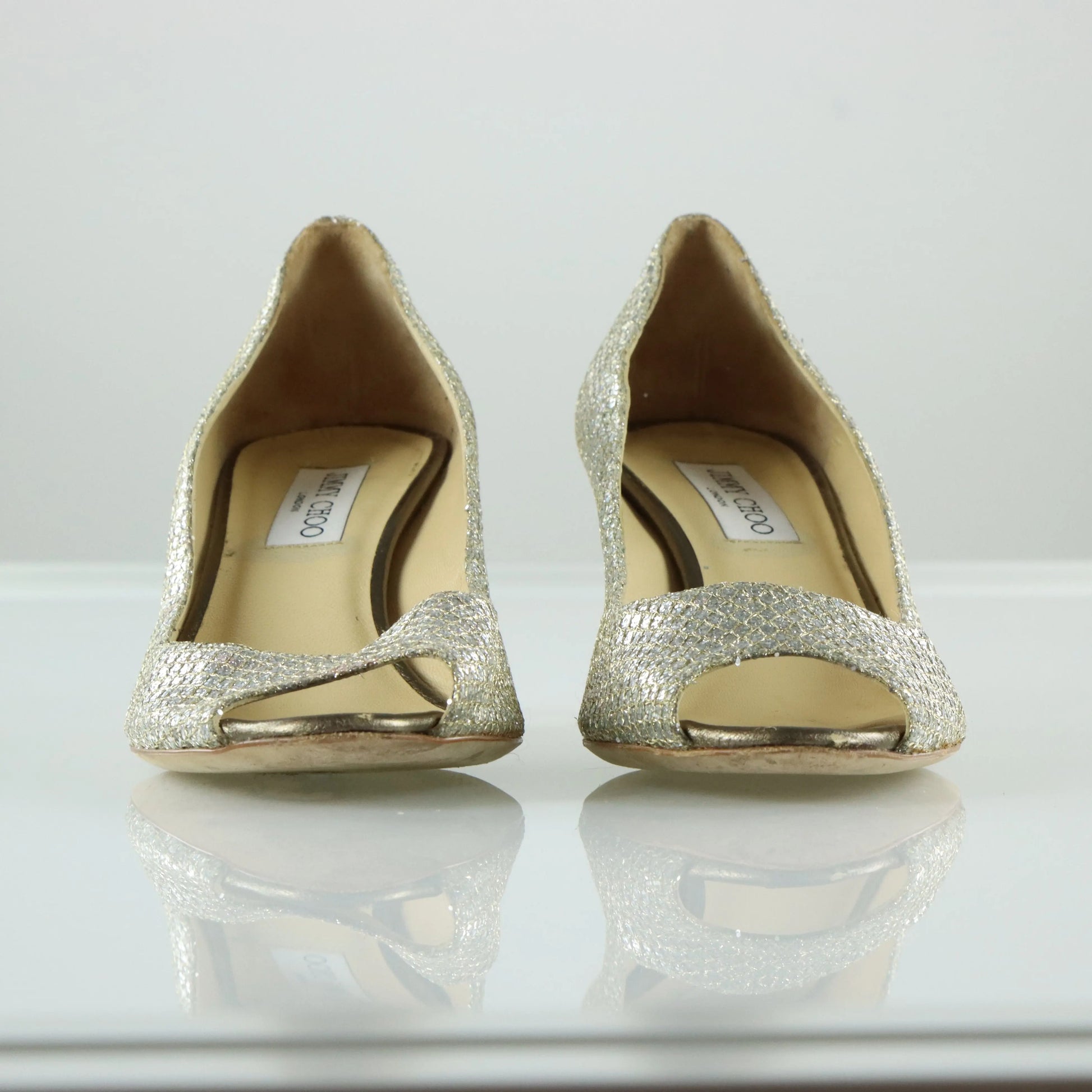JIMMY CHOO Champagne Glitter Italian Made Peep-Toe Heels (40) - Vintage Sole Melbourne