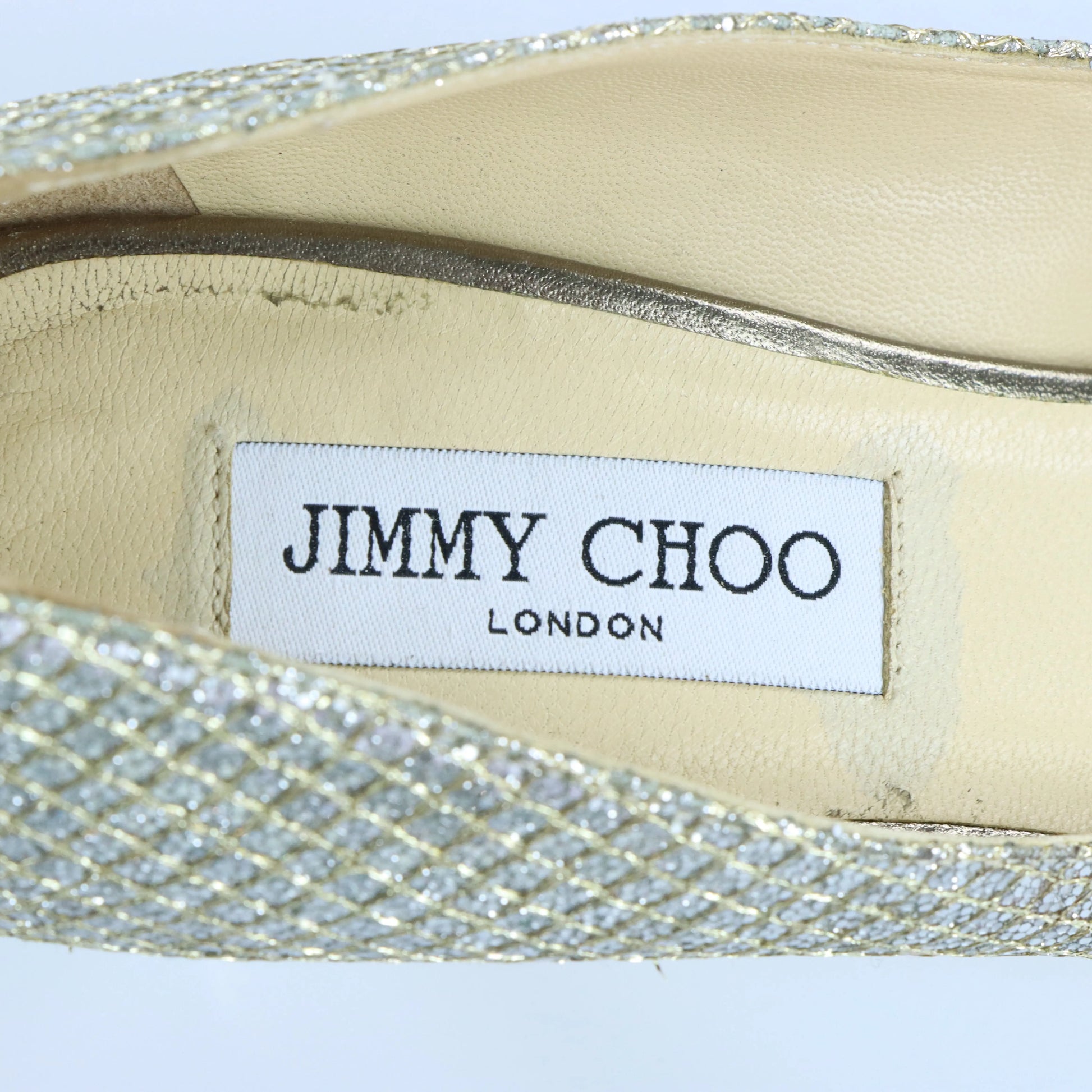 JIMMY CHOO Champagne Glitter Italian Made Peep-Toe Heels (40) - Vintage Sole Melbourne