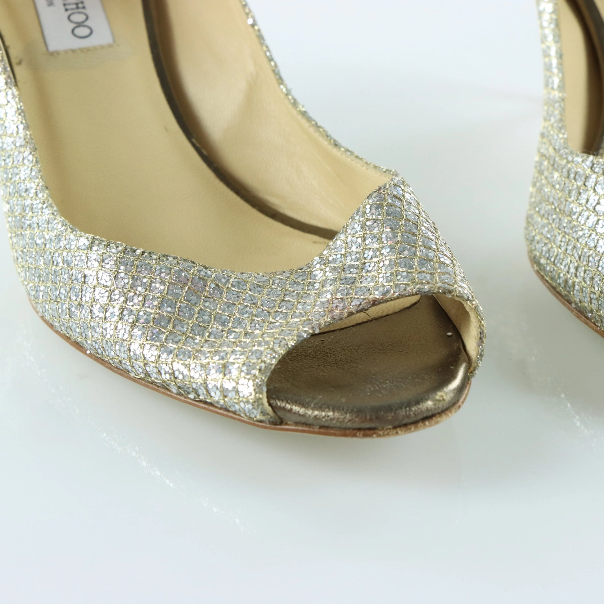 JIMMY CHOO Champagne Glitter Italian Made Peep-Toe Heels (40) - Vintage Sole Melbourne