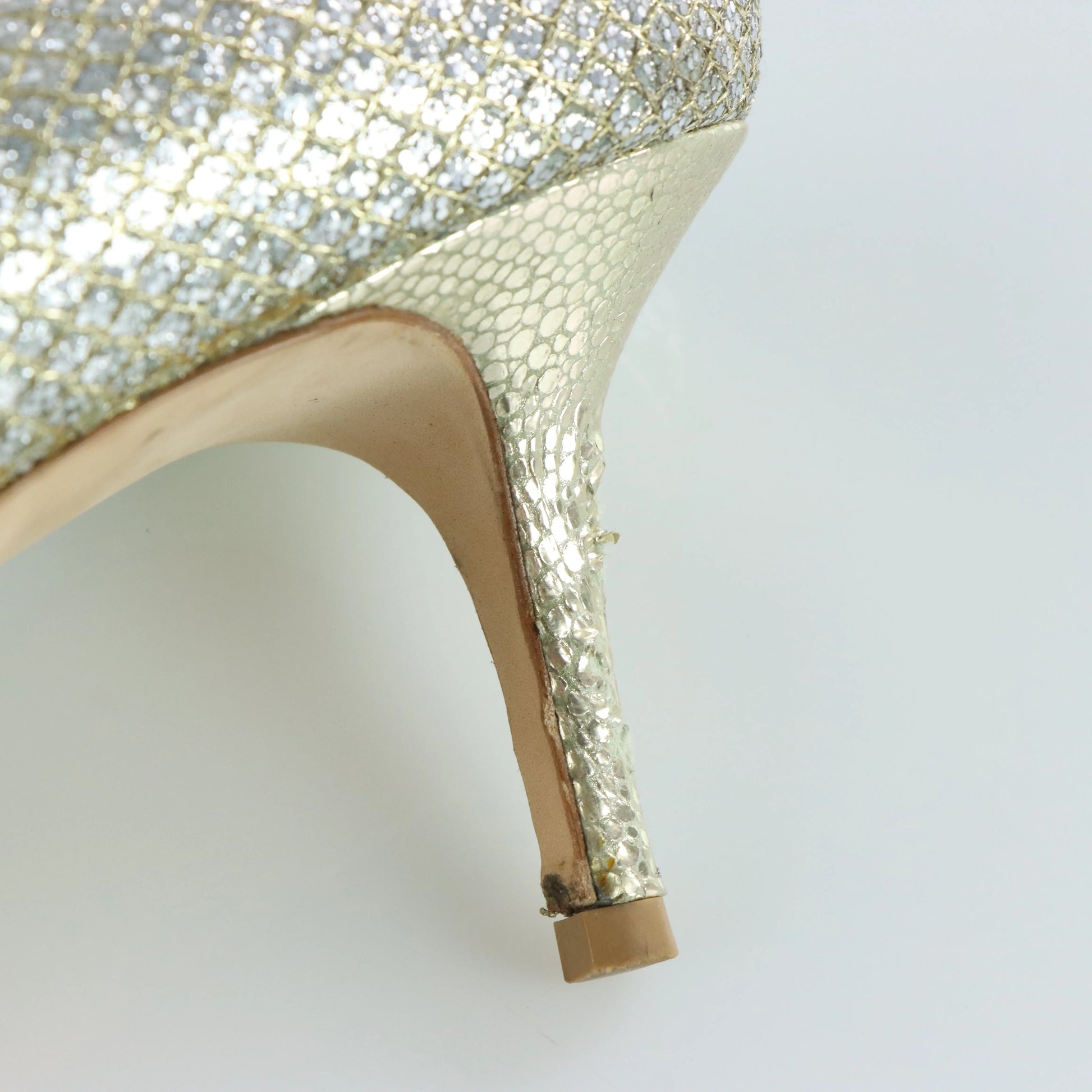 JIMMY CHOO Champagne Glitter Italian Made Peep-Toe Heels (40) - Vintage Sole Melbourne