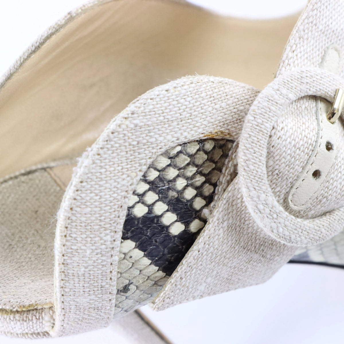 JIMMY CHOO 'Hendrix' Snakeskin & Linen Buckle Italian Made Stiletto Mule (37)