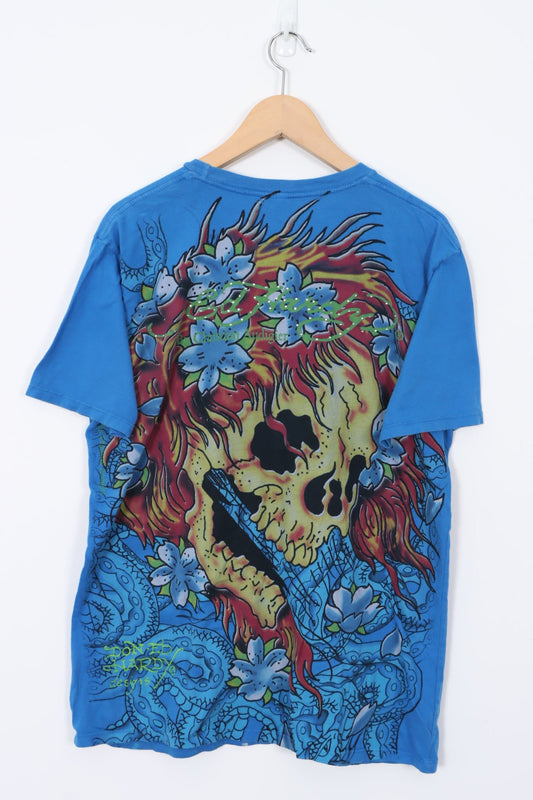 ED HARDY Christian Audiger Y2K USA Made Skull Flowers Tee (L)