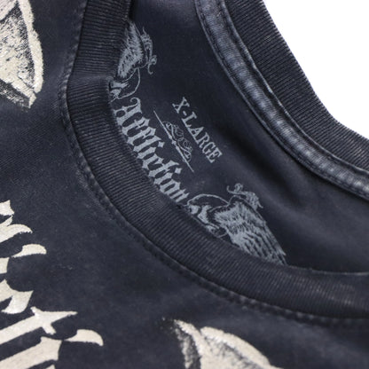 Vintage AFFLICTION Y2K Skull Wing Shimmer Print Grunge USA Made Distressed T-Shirt (XL)