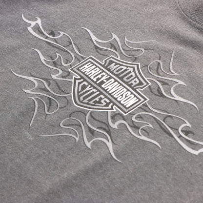 Vintage HARLEY DAVIDSON Y2K Grey Flame Logo Kentucky USA Made Motorcycle T-Shirt (L-XL)