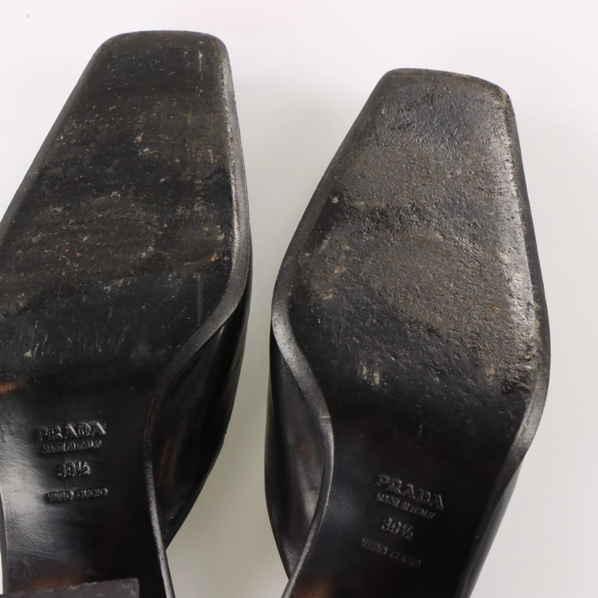 PRADA Mirror Heel Square Toe Black Leather Mule Heels (39.5) - Vintage Sole Melbourne