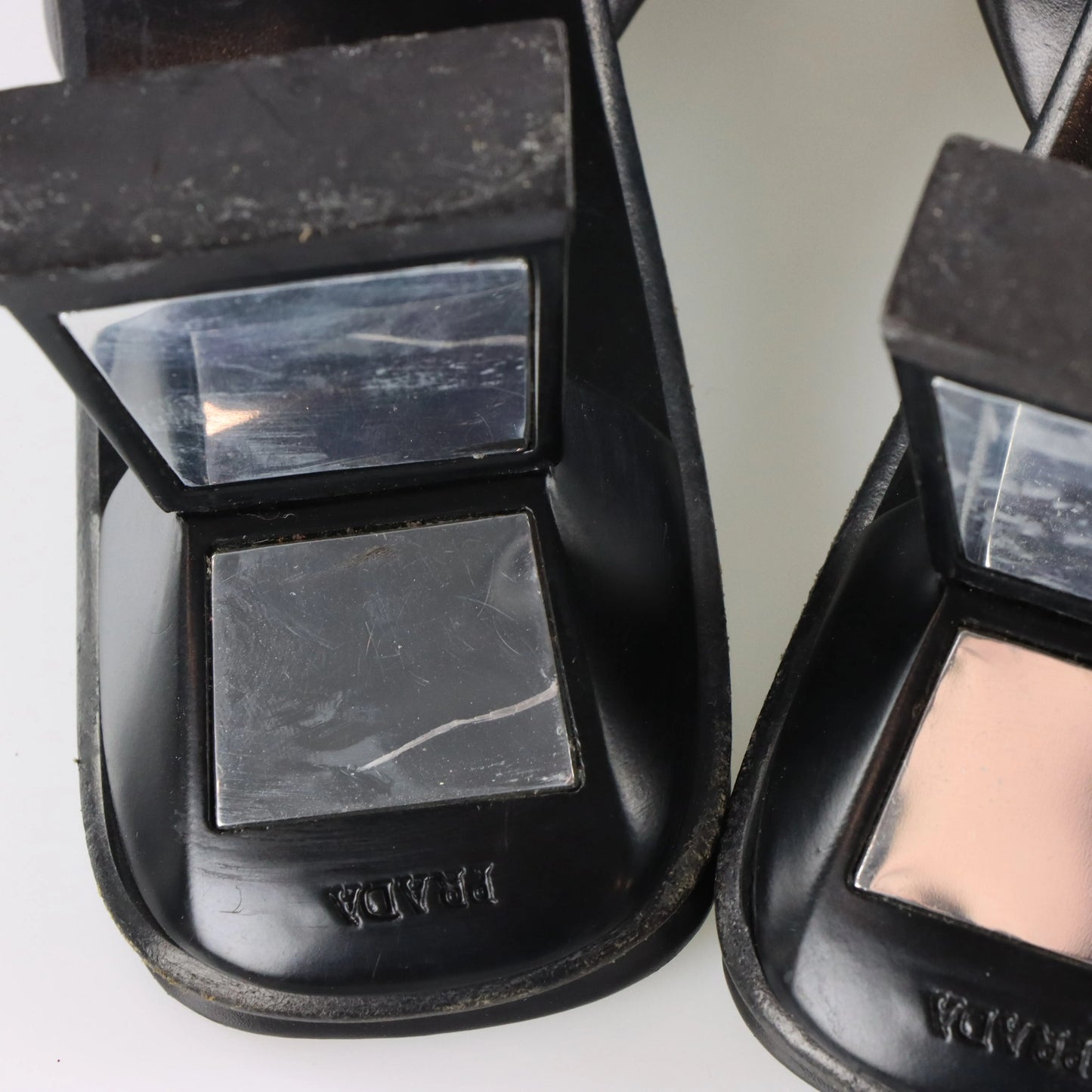 PRADA Mirror Heel Square Toe Black Leather Mule Heels (39.5) - Vintage Sole Melbourne