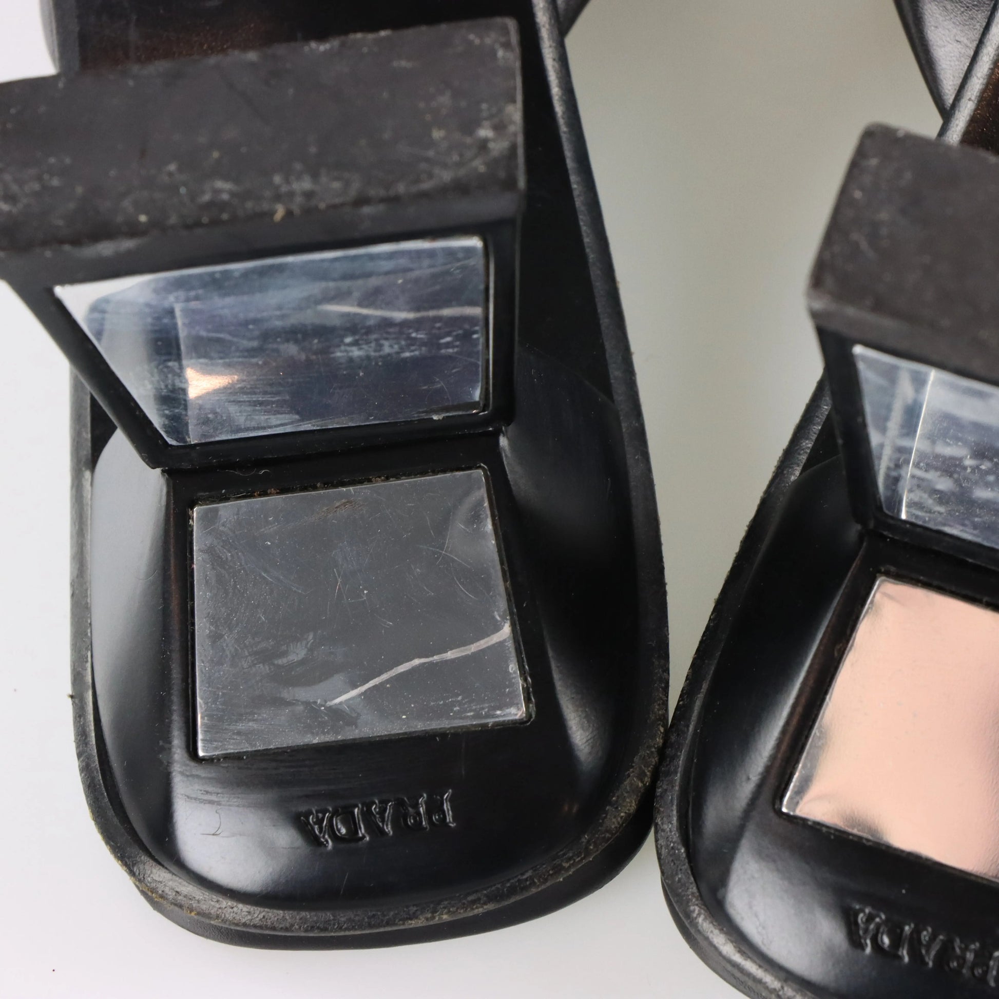 PRADA Mirror Heel Square Toe Black Leather Mule Heels (39.5) - Vintage Sole Melbourne