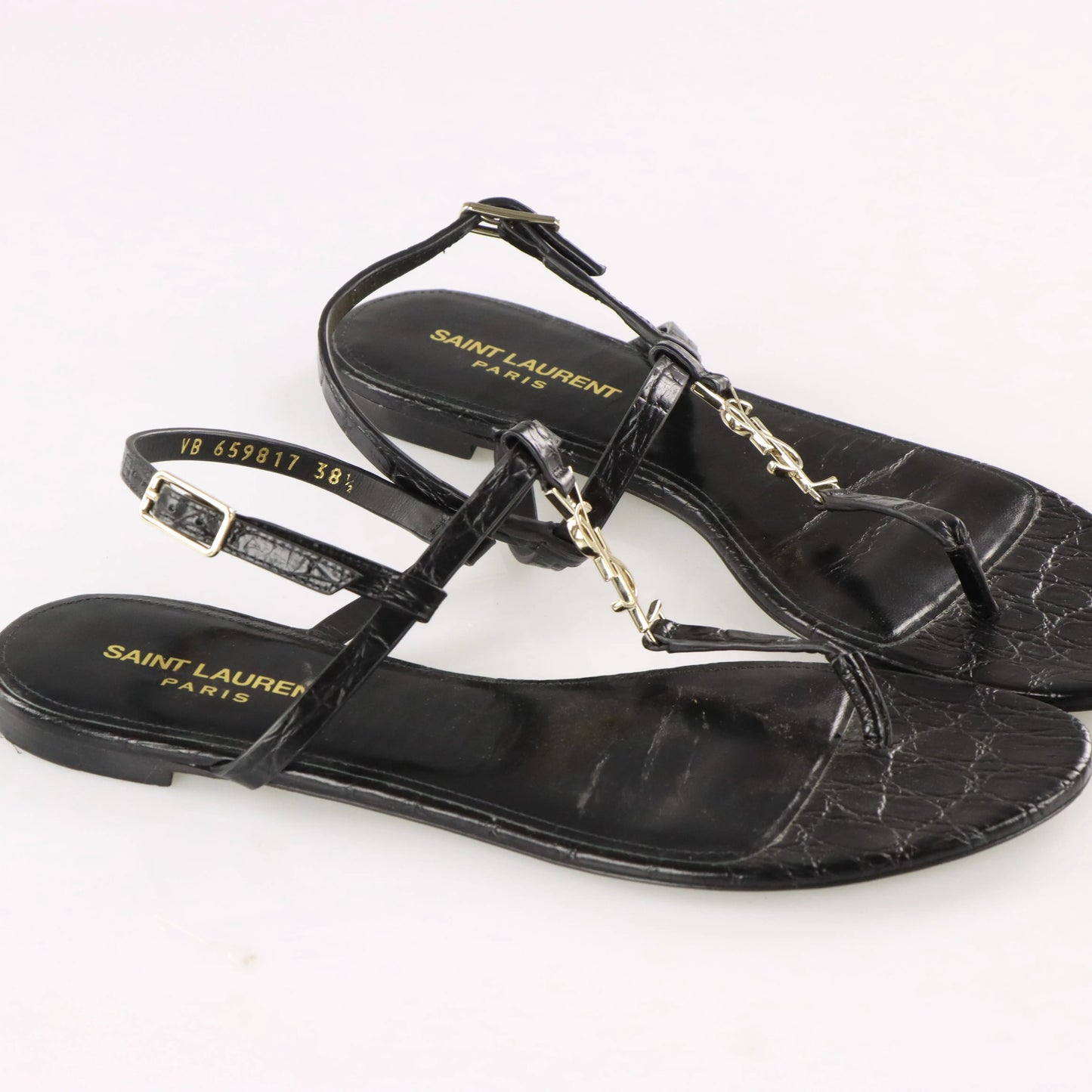 SAINT LAURENT YSL 'Cassandra' Croc Thong Logo Sandals (38.5) - Vintage Sole Melbourne
