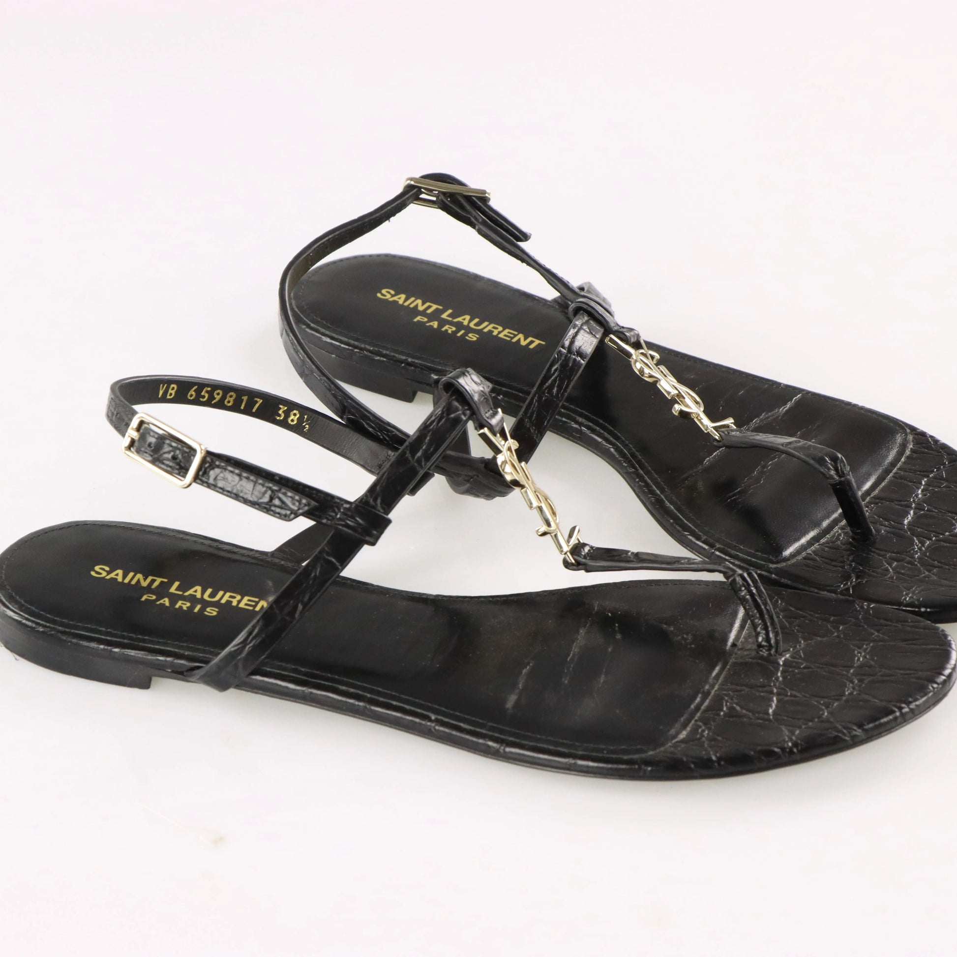 SAINT LAURENT YSL 'Cassandra' Croc Thong Logo Sandals (38.5) - Vintage Sole Melbourne