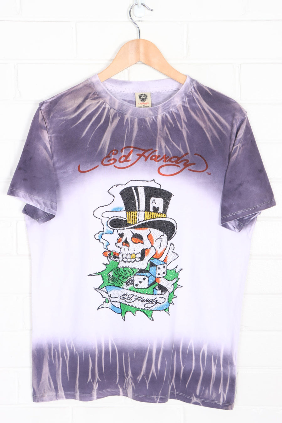 ED HARDY Embellished Smoking Skull Y2K Tie Dye T-Shirt (M)