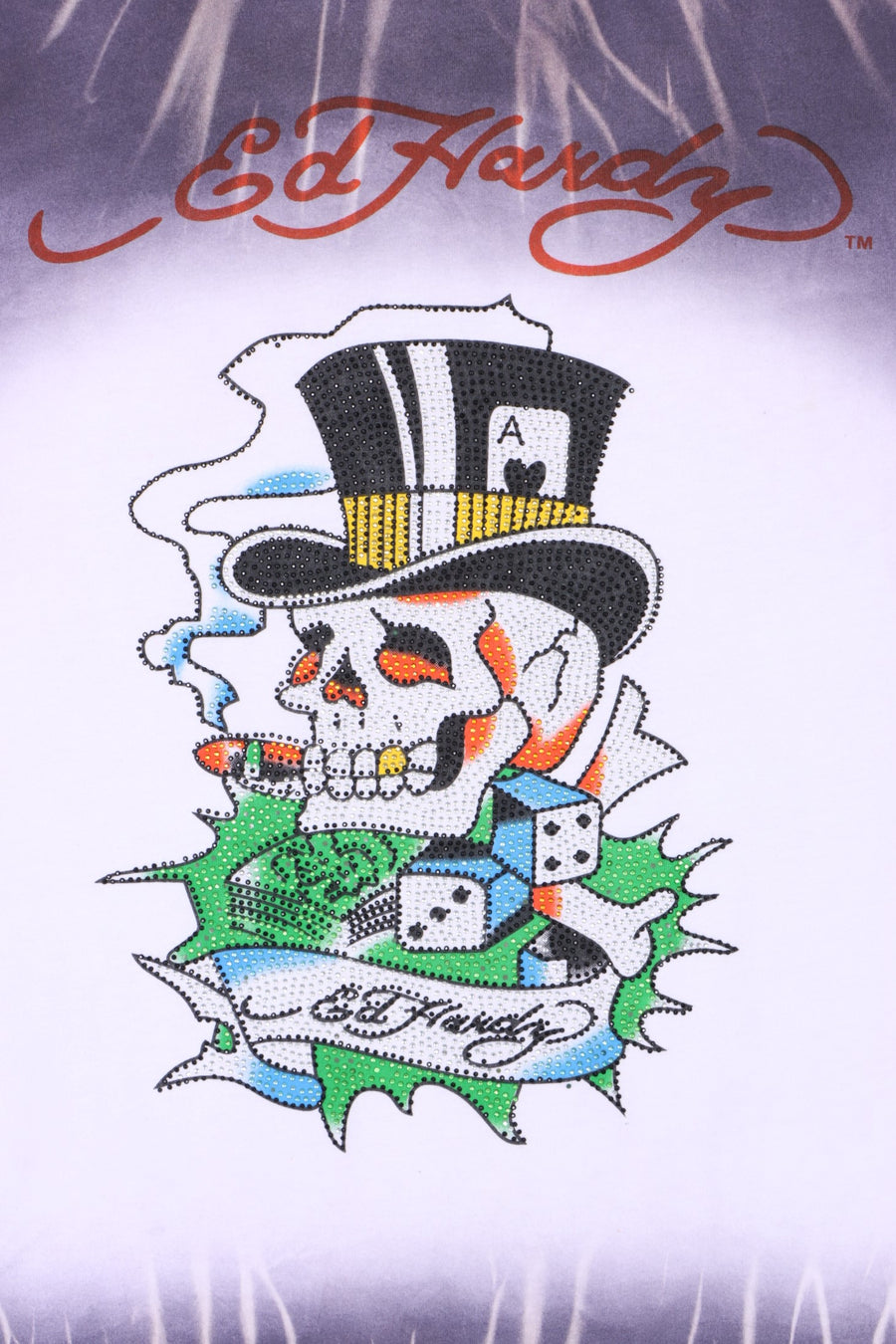ED HARDY Embellished Smoking Skull Y2K Tie Dye T-Shirt (M)