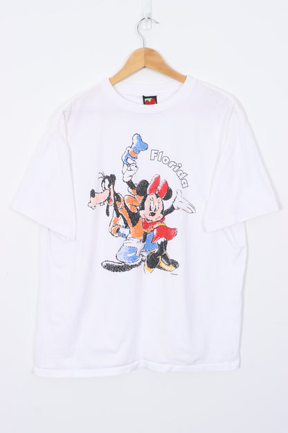 DISNEY Minnie and Goofy Florida White USA Made T-Shirt (L)