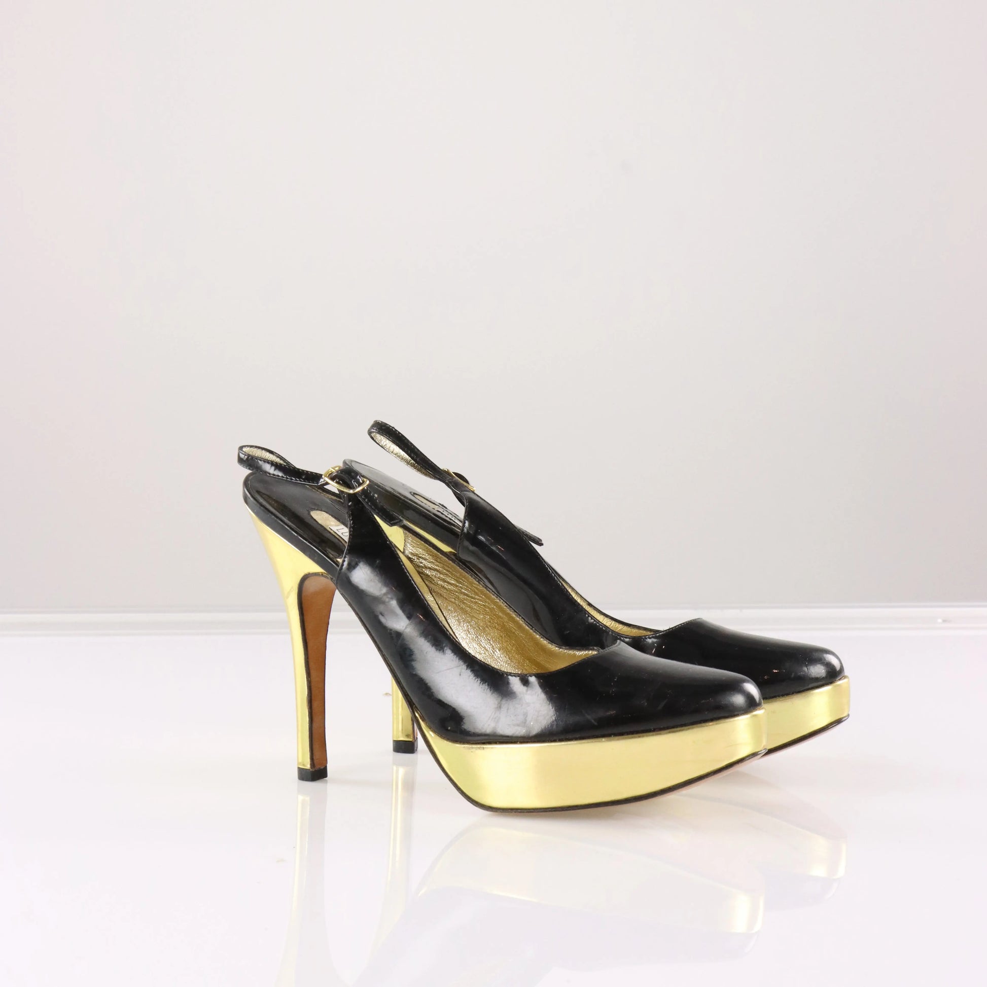 LUCIANO PADOVAN Platform Gold & Black Pump Heels (38.5) *Aubany Vintage Sole Melbourne