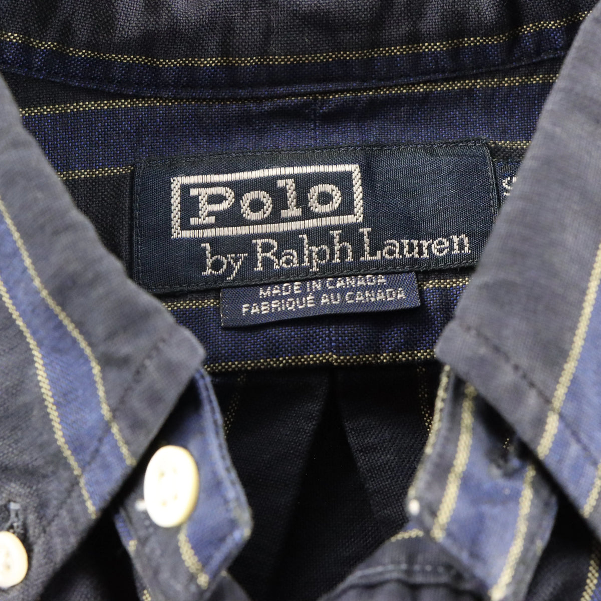Vintage POLO RALPH LAUREN Blue Embroidered Pony Logo Button Down Striped Shirt Canada Made (L)