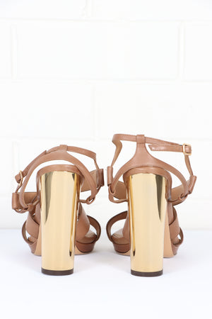 SALVATORE FERRAGAMO 'Bubina' Brown & Gold Strappy Leather Heels (9.5)