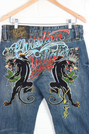 CHRISTIAN AUDIGIER Y2K Embroidered Tattoo Script & Panther Jeans (30 x 34)