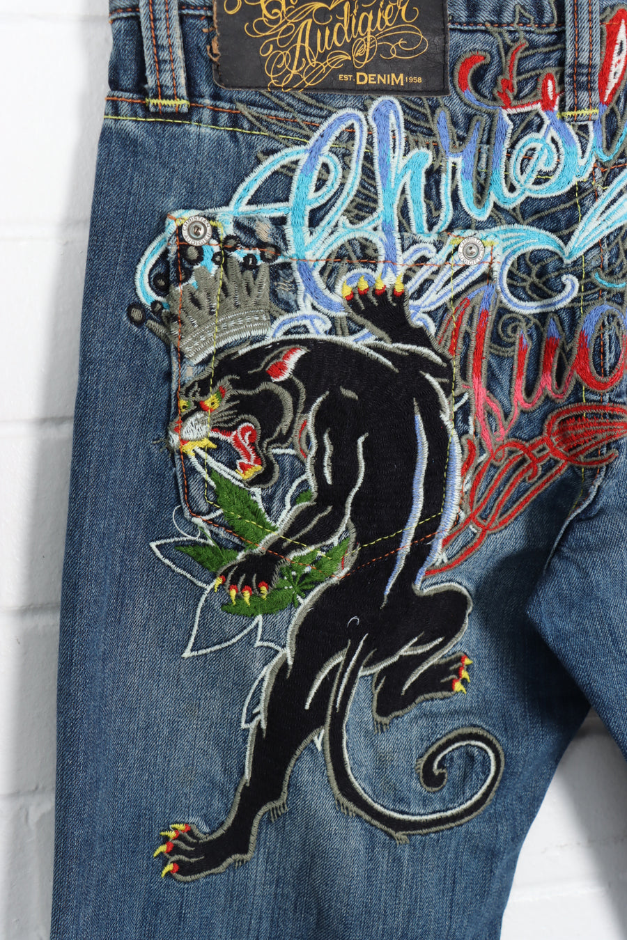 CHRISTIAN AUDIGIER Y2K Embroidered Tattoo Script & Panther Jeans (30 x 34)
