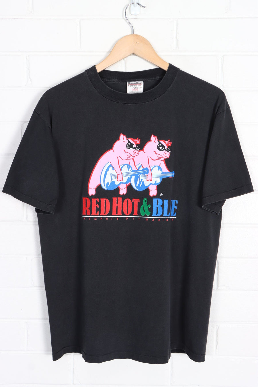 Red Hot & Blue Memphis BBQ Rock Pigs Front Back T-Shirt USA Made (L)