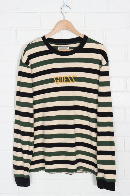 GUESS Embroidered Green Black & Beige Striped Long Sleeve T-Shirt (L-XL)