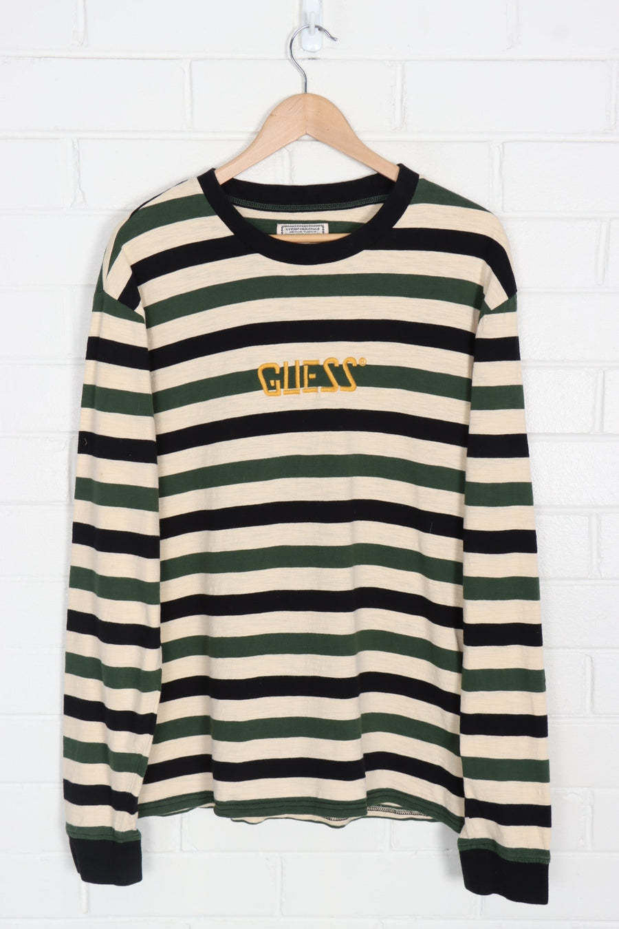 GUESS Embroidered Green Black & Beige Striped Long Sleeve T-Shirt (L-XL)