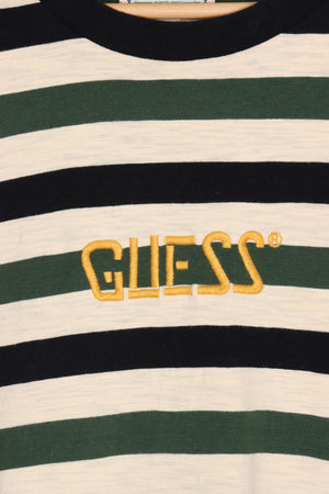 GUESS Embroidered Green Black & Beige Striped Long Sleeve T-Shirt (L-XL)