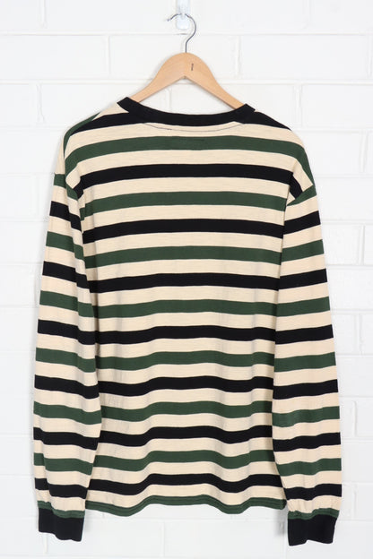GUESS Embroidered Green Black & Beige Striped Long Sleeve T-Shirt (L-XL)