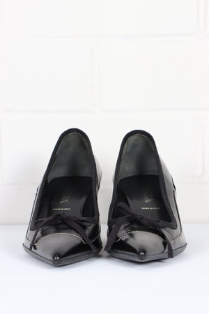 PRADA Bow Contrast Stitch Leather Kitten Heels Italy Made (36.5)