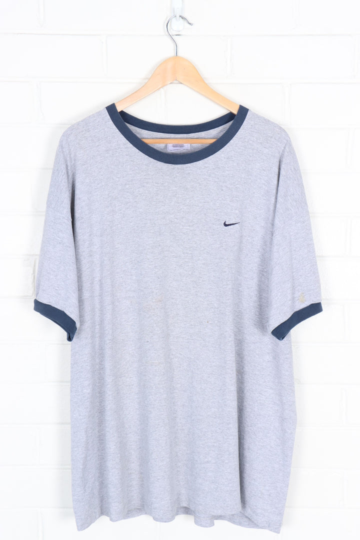 NIKE Embroidered Swoosh Grey & Navy Ringer Tee (XXL)
