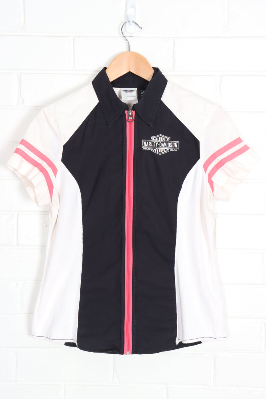 HARLEY DAVIDSON Embroidered Pink & Black Zip Up Tee (Women's M)