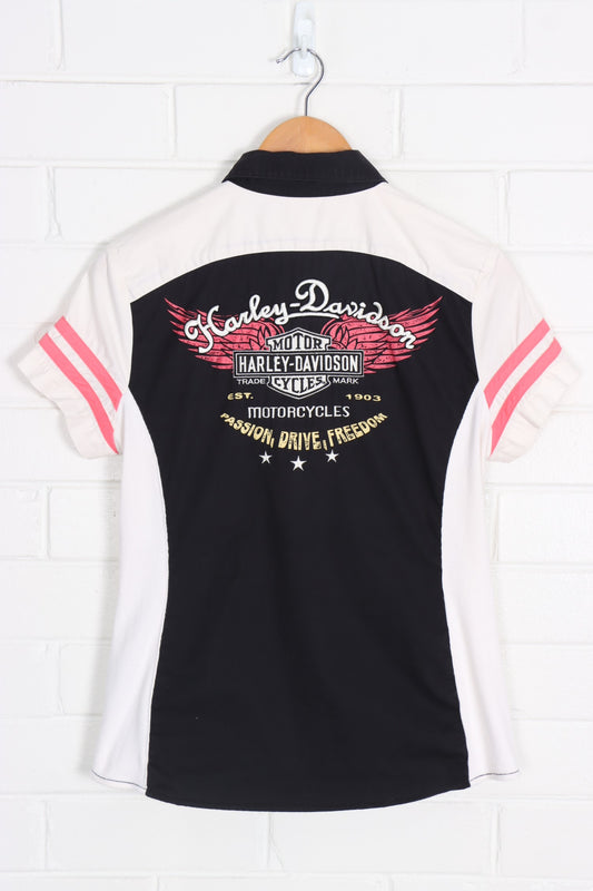 HARLEY DAVIDSON Embroidered Pink & Black Zip Up Tee (Women's M) - Vintage Sole Melbourne