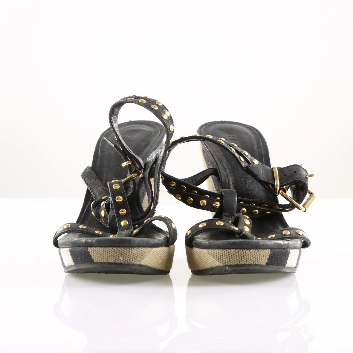 Vintage BURBERRY Signature Plaid Italian Made Studded Strappy Sandal Wedges (6-6.5)