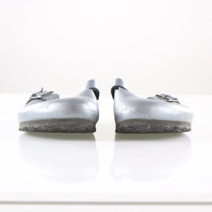 BIRKENSTOCK Silver Buckle Strap Leather Clog Sandals (40)
