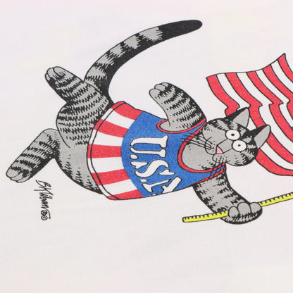 Vintage B Kilban USA Made America Cat Podium Medal Front Back White T-Shirt (XL-XXL)
