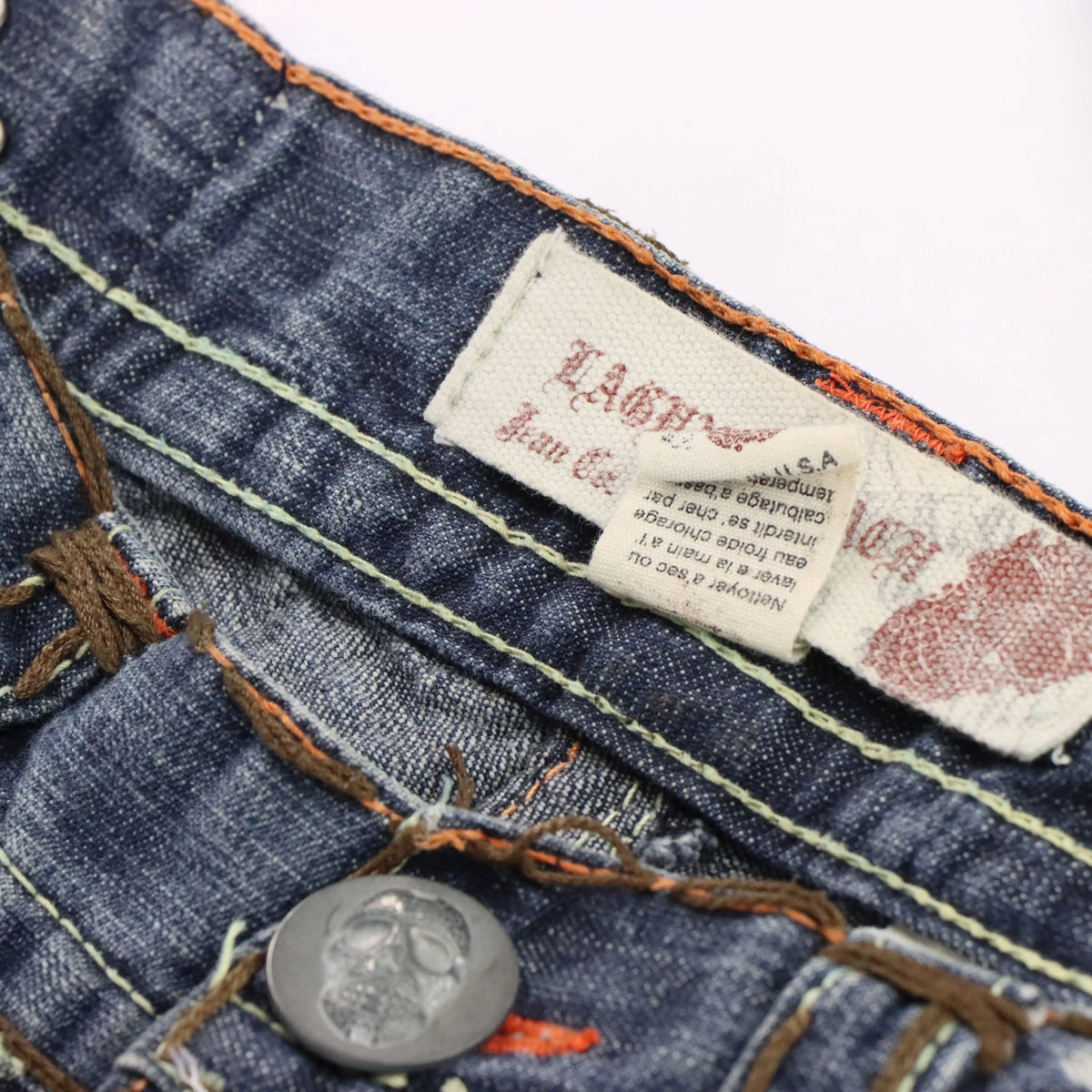 Vintage LAGUNA BEACH Y2K Skull Button Cross Pocket USA Made Denim Jeans (36)